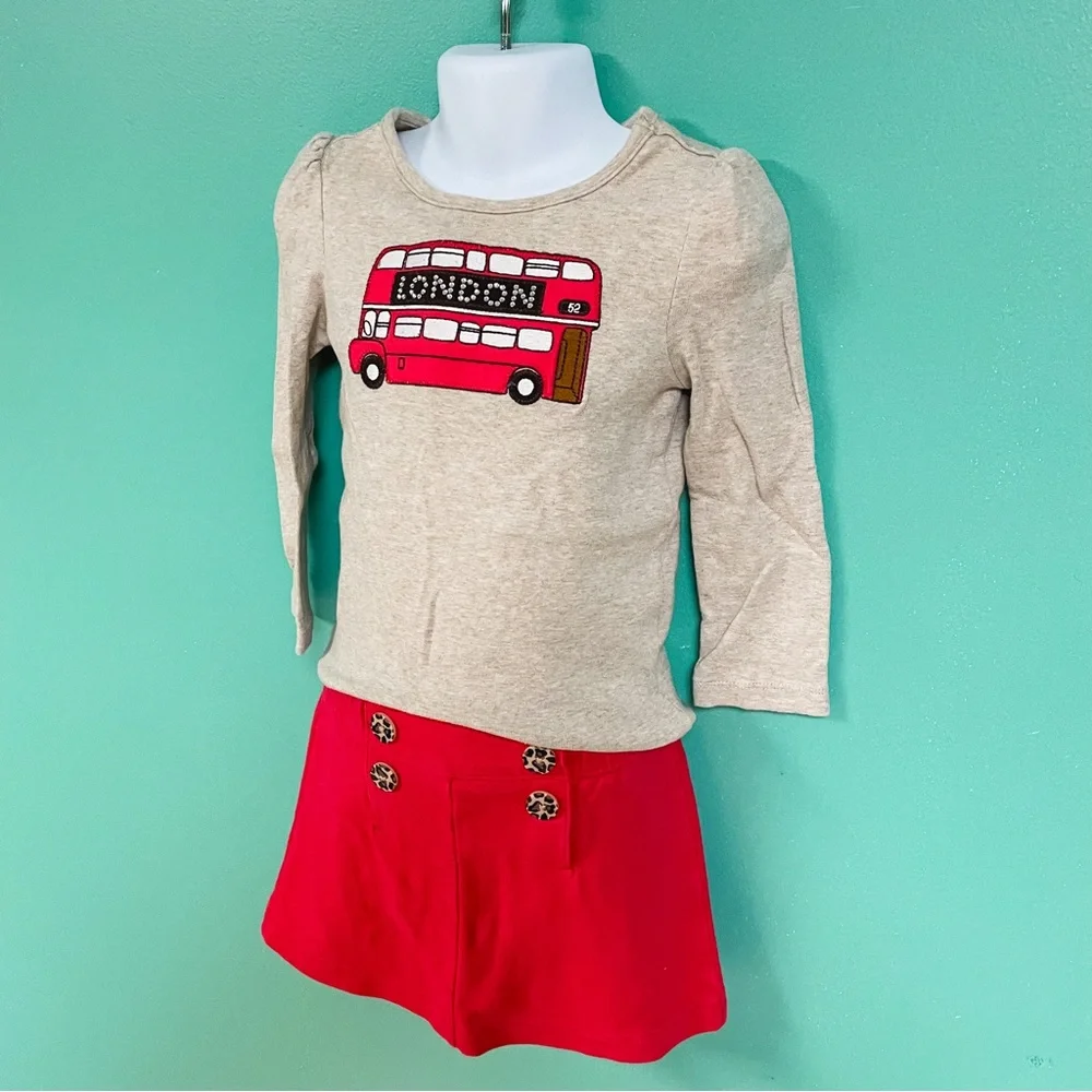 Gymboree Tan & Red London Double Decker Bus Tee & Skirt Outfit Girls Size 3T